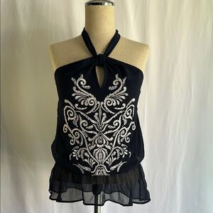 Embroidered Halter Neck Top - Navy Blue and White